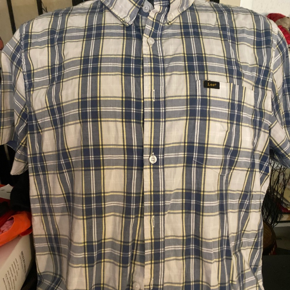 Lee Men’s Blue, White & Yellow Plaid Button-Down Shirt